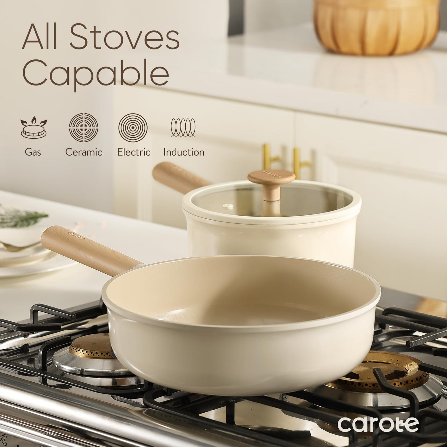 CAROTE Ceramic Pots and Pans Set, 14pcs Cookware Set, Non-toxic Healthy Non Stick Cooking Set, with Frying Pans Set