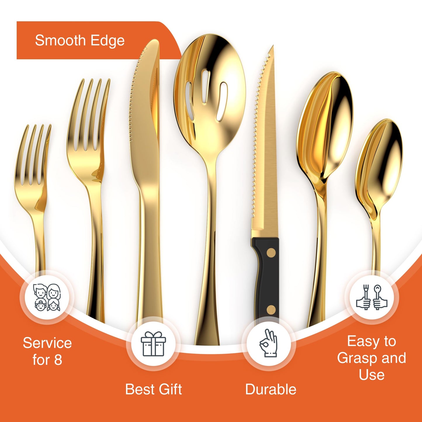 Tribal Cooking 49 Piece Gold Silverware Set - Service for 8 - Stainless Steel Gold Flatware serving set - Cutlery Set - Knives, Fork, and Spoon - Dishwasher Safe - Stunning Polished Finish