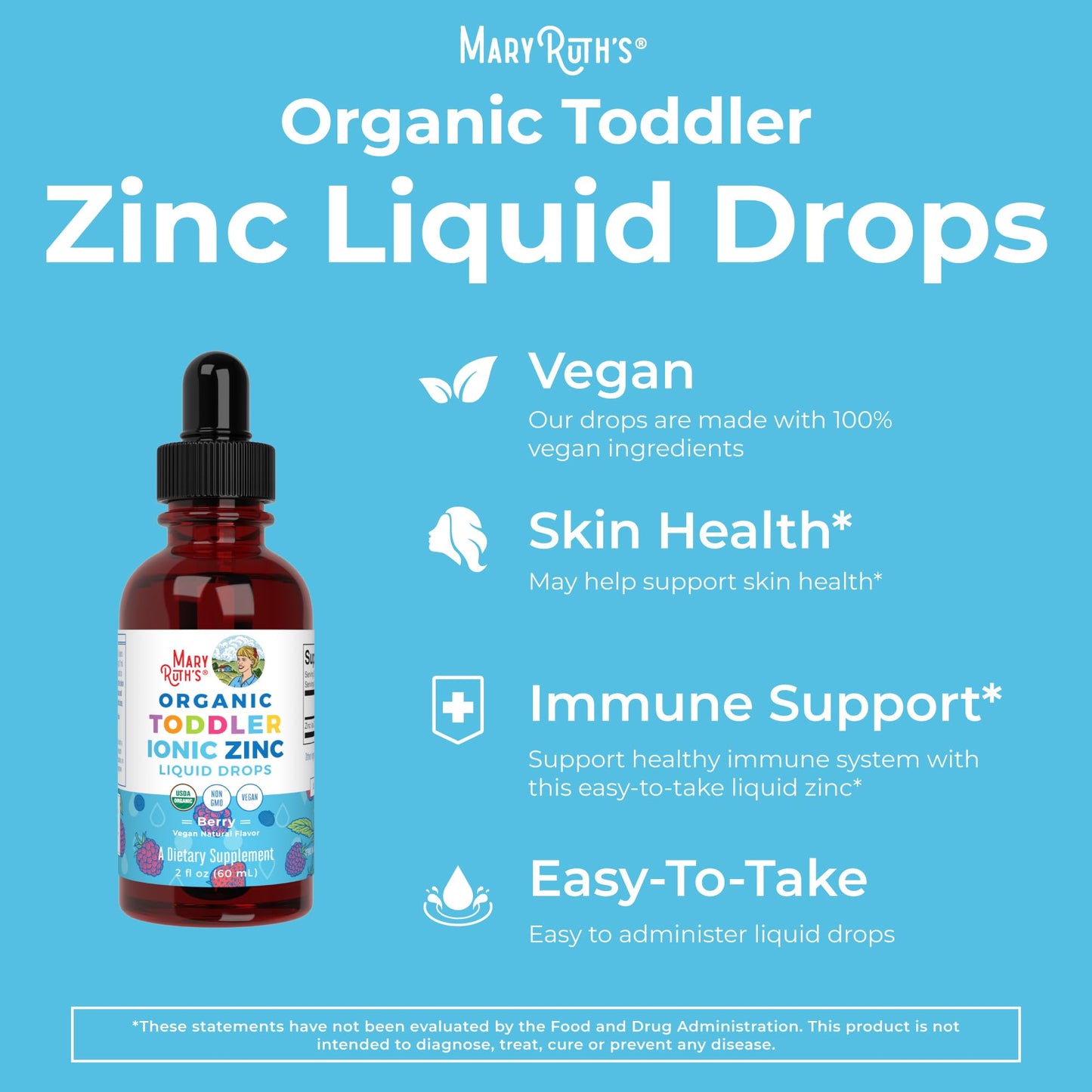 USDA Organic Toddler Liquid Zinc Drops by MaryRuth's | Zinc Sulfate | Immune Support Supplement| Skin Health | Vegan | Formulated for Ages 1-3 | Delicious Berry Flavor | 1 Month Supply | 2 Fl Oz
