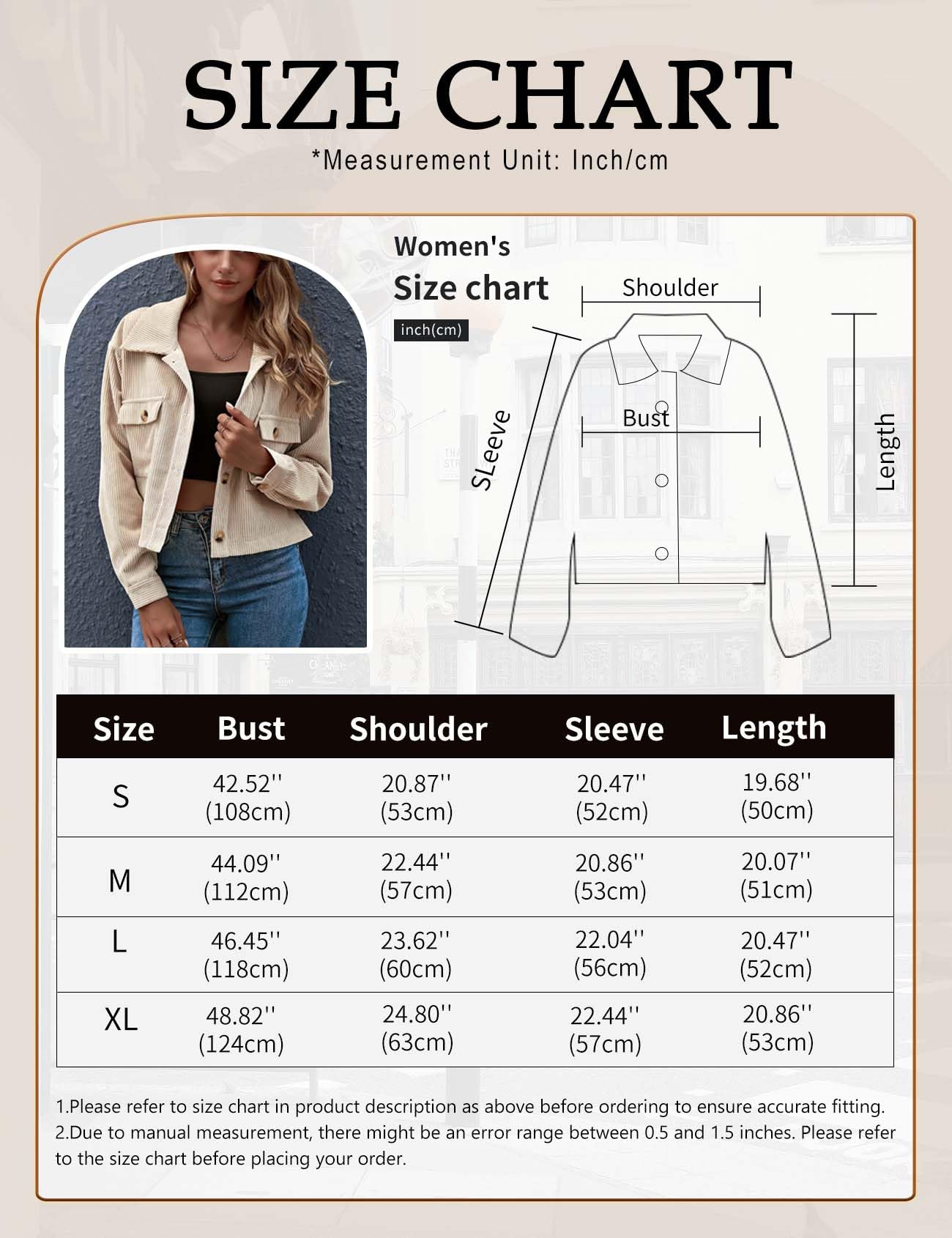 Gihuo Women's Fashion Cropped Shacket Button Down Corduroy Shacket Jackets Casual Plaid Long Sleeve Crop Jackets Tops（Apricot-M）