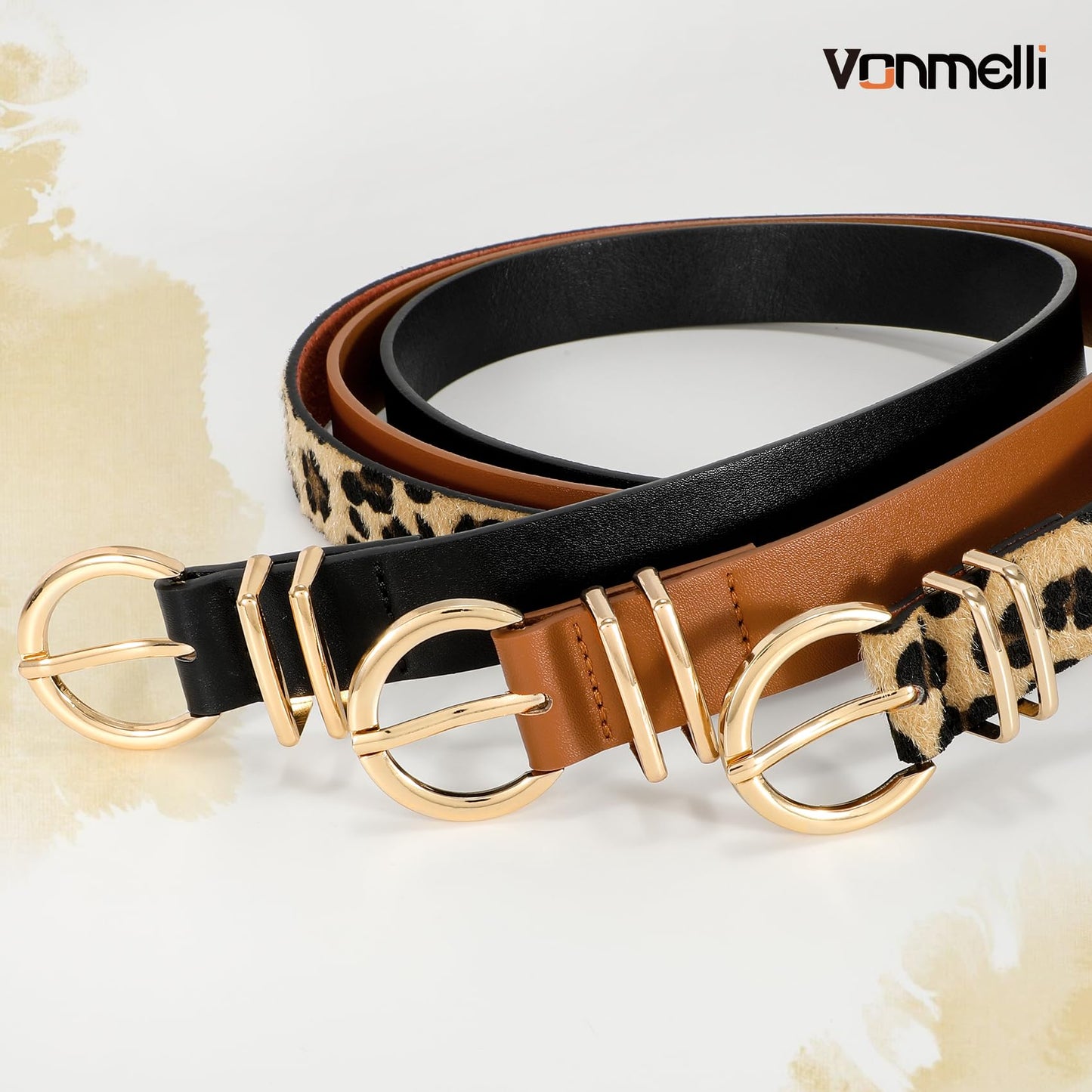 VONMELLI 3 Pack Women's Leather Belts for Jeans Dresses Ladies Waist Belt with Fashion Gold Buckle Black Leopard Brown M