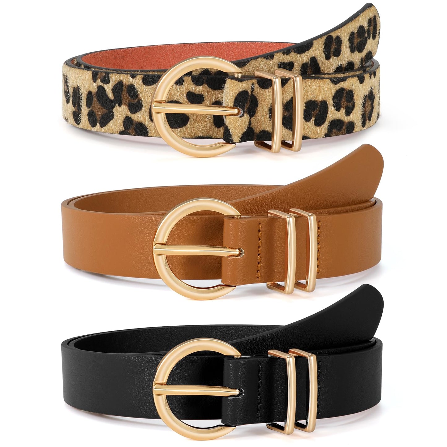 VONMELLI 3 Pack Women's Leather Belts for Jeans Dresses Ladies Waist Belt with Fashion Gold Buckle Black Leopard Brown M