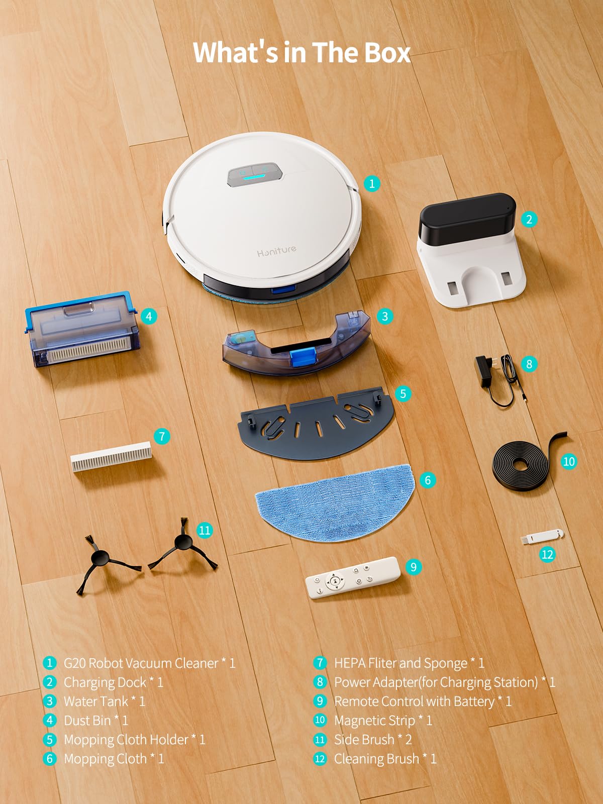 HONITURE Robot Vacuum and Mop Combo, 4000pa Strong Suction, G20 Robot Vacuum Cleaner with Self-Charging, 150Mins Max, App&Remote&Voice Control, Super-Slim, Ideal for Pet Hair