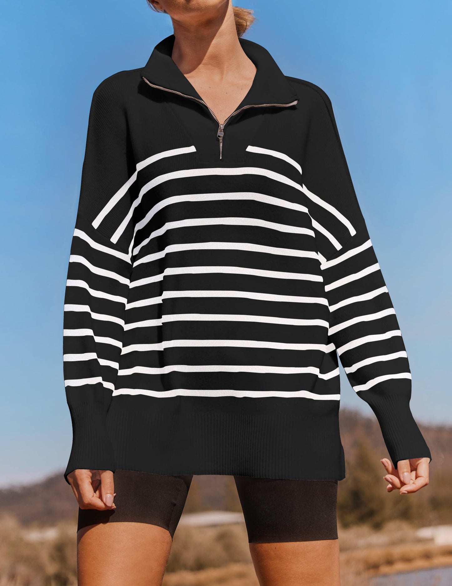 ZESICA Women's Striped Sweaters Half Zipper Long Sleeve Ribbed Knit Loose Oversized Pullover Sweater Tops,Black,Medium
