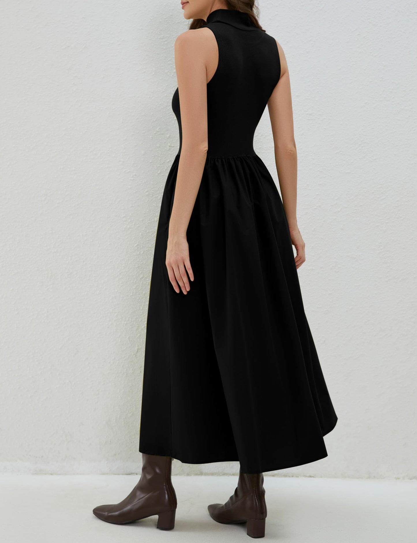 Lauweion Women's Sleeveless Turtleneck Maxi Dress Patchwork Casual Solid Flowy Mock Neck Tank Top Dress with Pockets Black