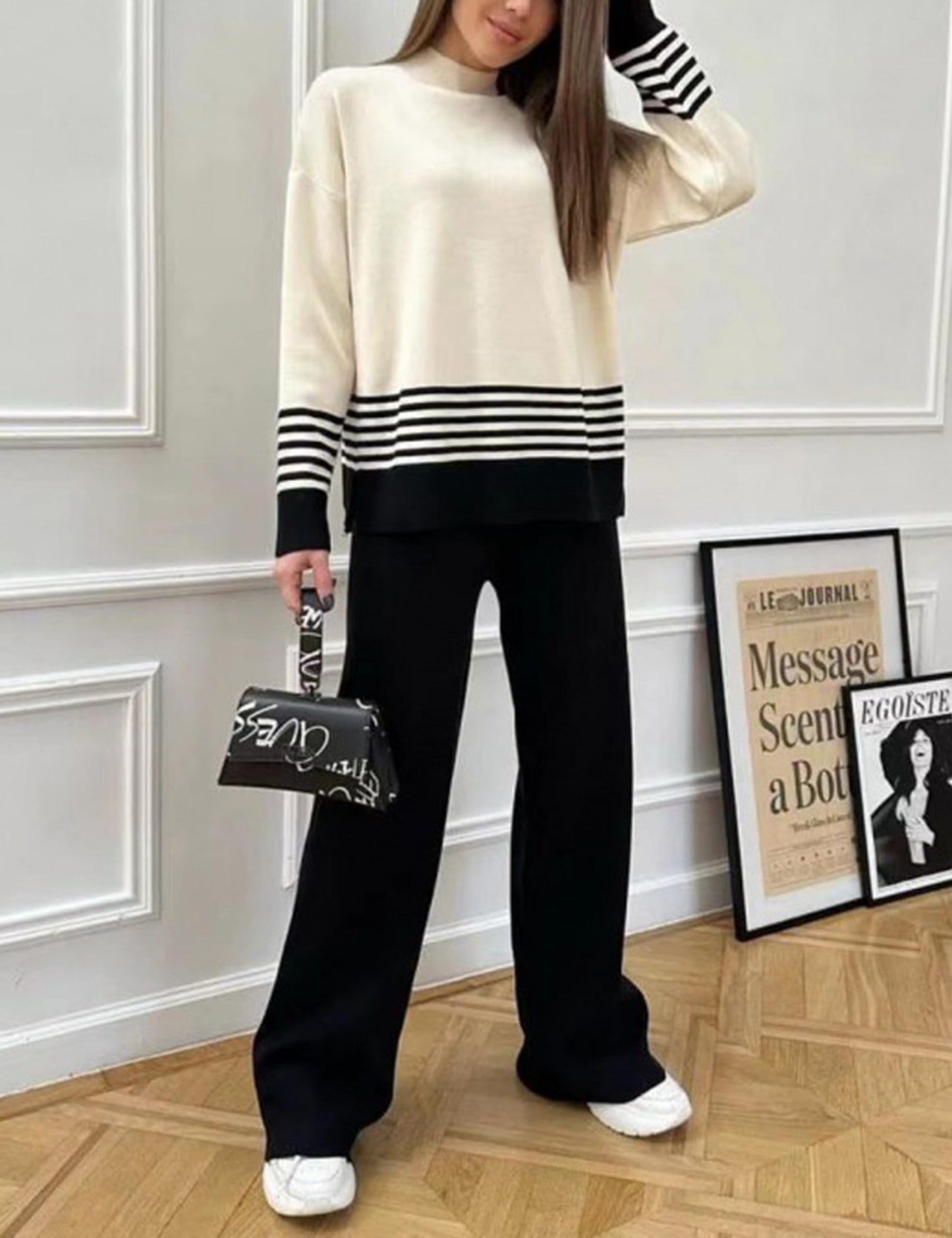 Tanming Women's Lounge Sets 2 Piece Outfits Knitted Pullover Sweater Tops Wide Leg Pants Tracksuit (Black-M)