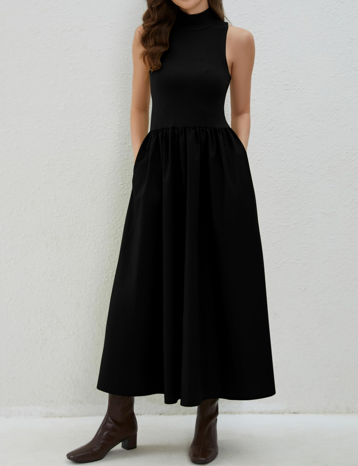 Lauweion Women's Sleeveless Turtleneck Maxi Dress Patchwork Casual Solid Flowy Mock Neck Tank Top Dress with Pockets Black