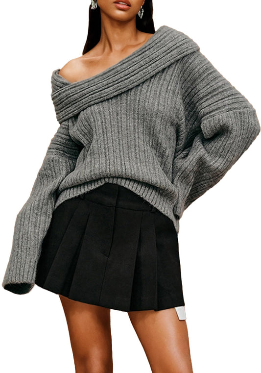 LETSVDO Womens Off Shoulder Pullover Sweaters Knitted Plus Size Dolman Sleeve Casual Oversized Loose Tunic Slouchy Sweaters Grey