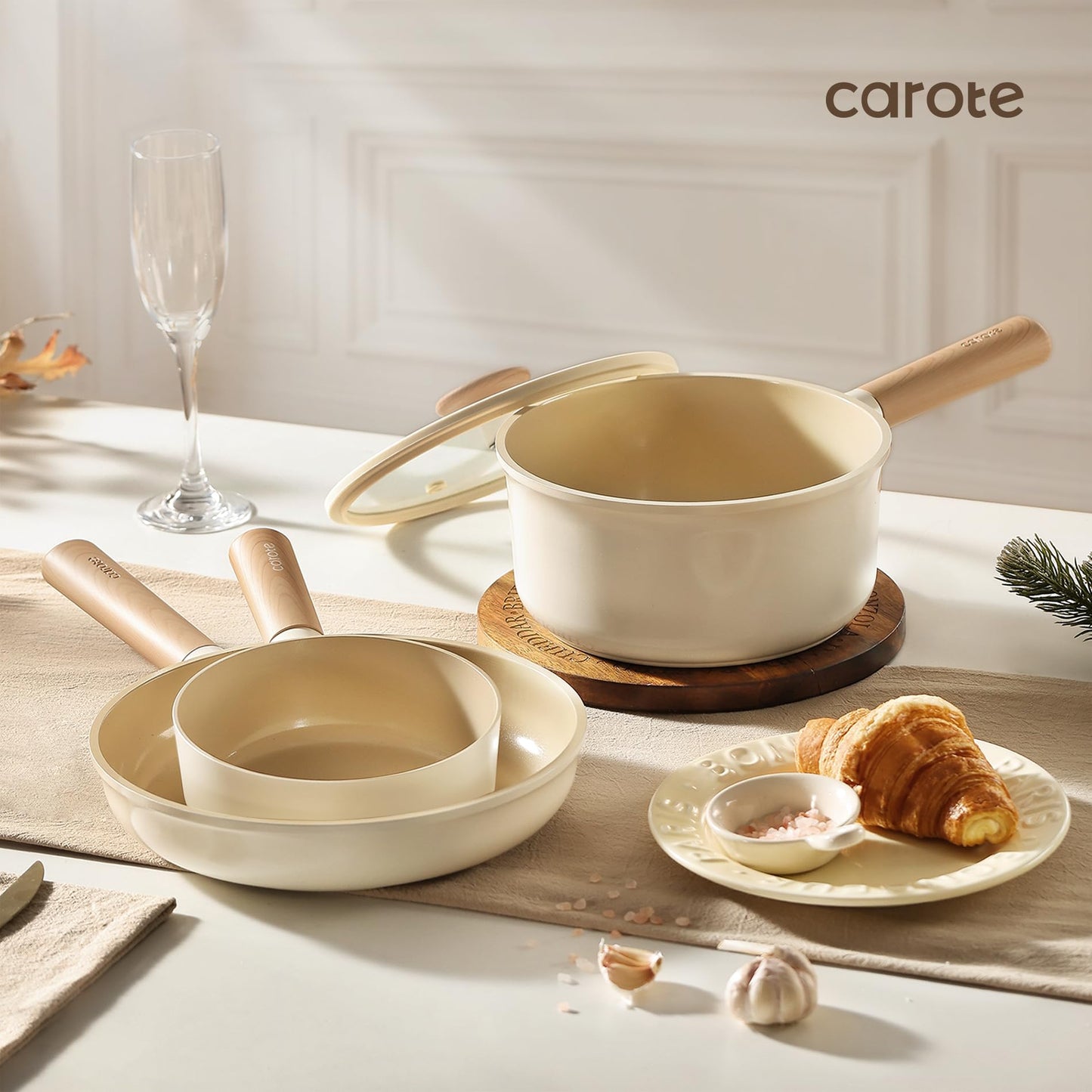 CAROTE Ceramic Pots and Pans Set, 14pcs Cookware Set, Non-toxic Healthy Non Stick Cooking Set, with Frying Pans Set