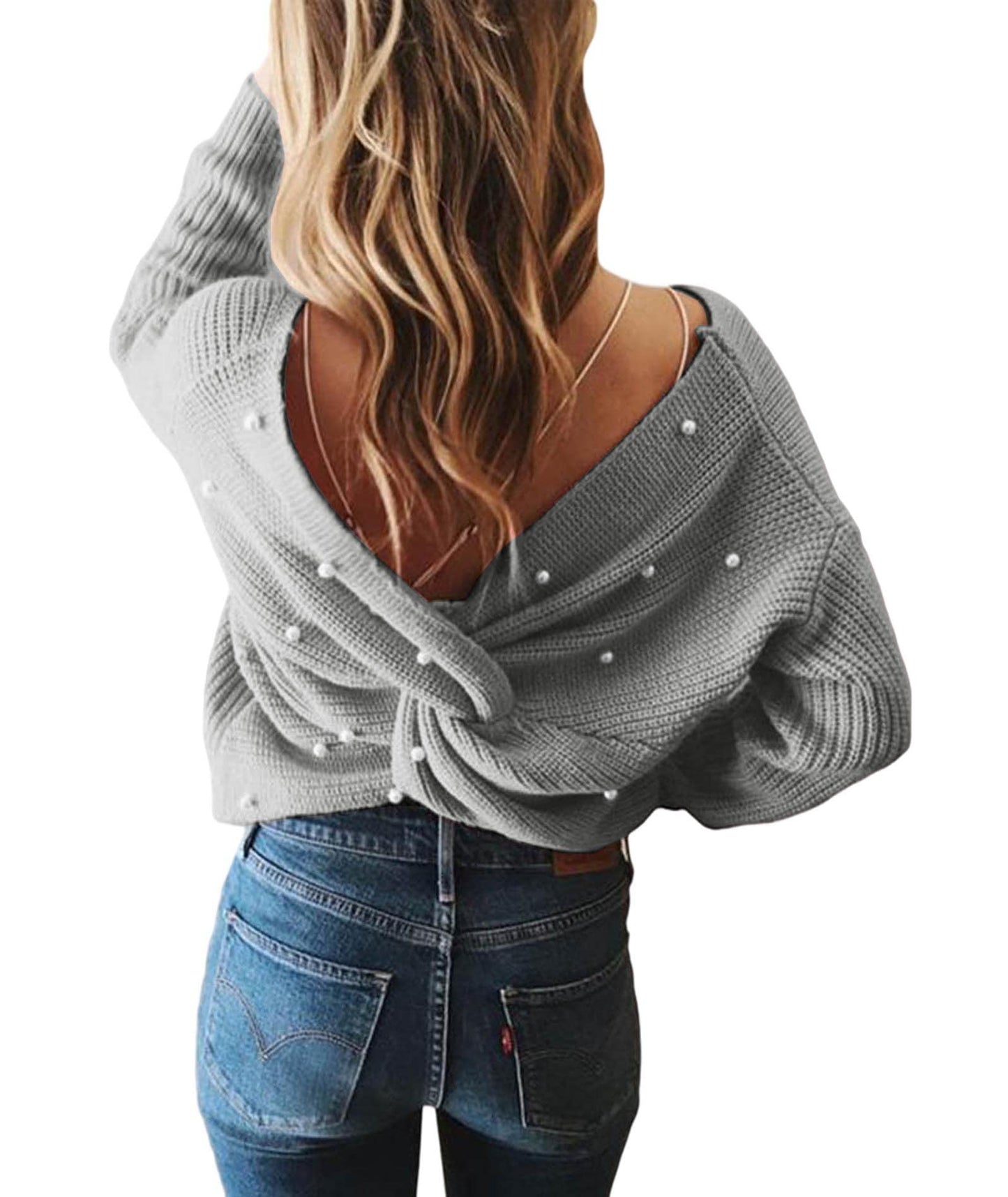 Sexyshine Women's V Neck Criss Cross Backless Pearl Long Batwing Sleeve Loose Knitted Sweater Pullovers,Light Grey