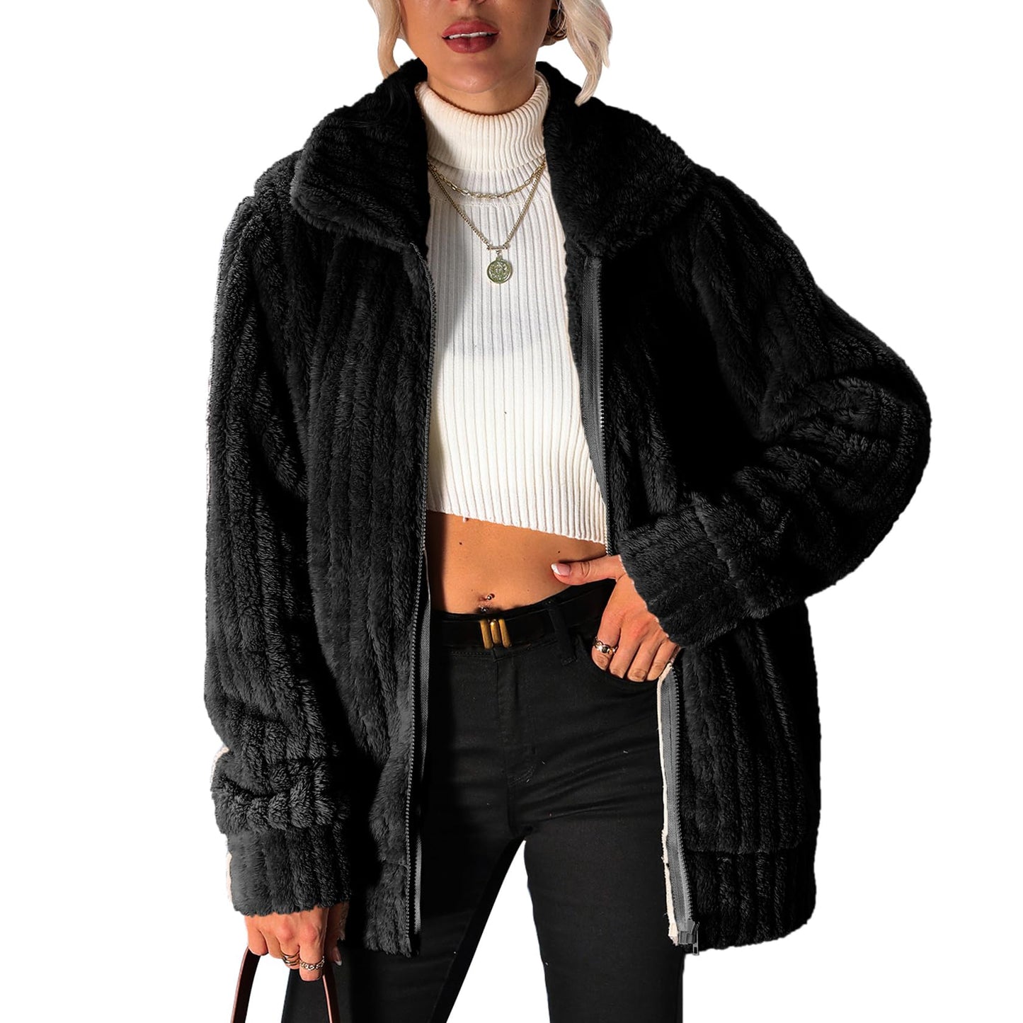 Vipwest Women's Sherpa Jacket Women Casual Fall Zipper Fleece Dress Shearling Jacket Coat Outfits with Pockets (Black, Medium)