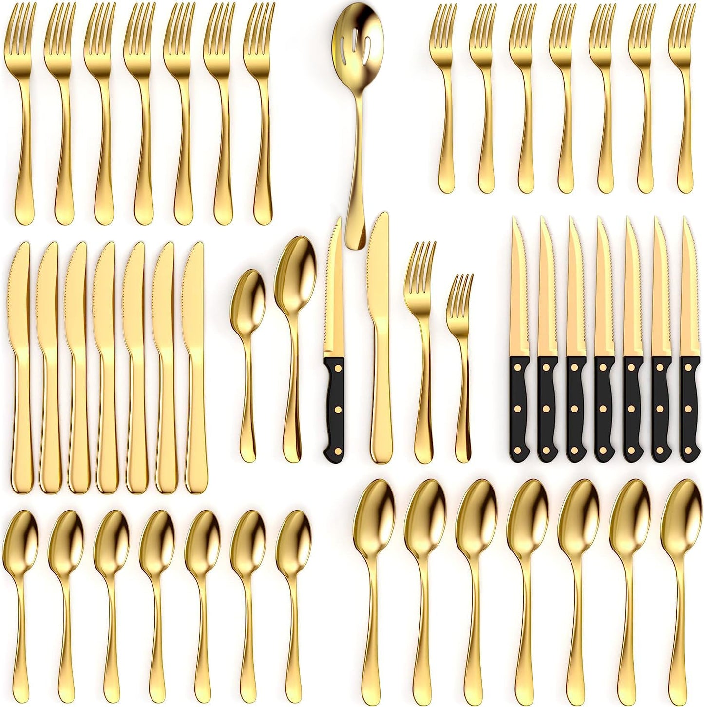 Tribal Cooking 49 Piece Gold Silverware Set - Service for 8 - Stainless Steel Gold Flatware serving set - Cutlery Set - Knives, Fork, and Spoon - Dishwasher Safe - Stunning Polished Finish