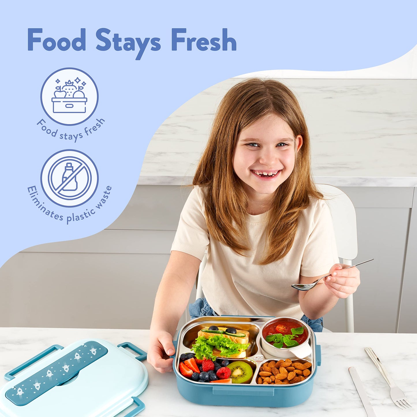 Stainless Steel Bento Box for Kids - Leakproof Lunch Box with Four Compartments and Separate Soup Cup with Silicone Lid for Kids and Adults (Blue)