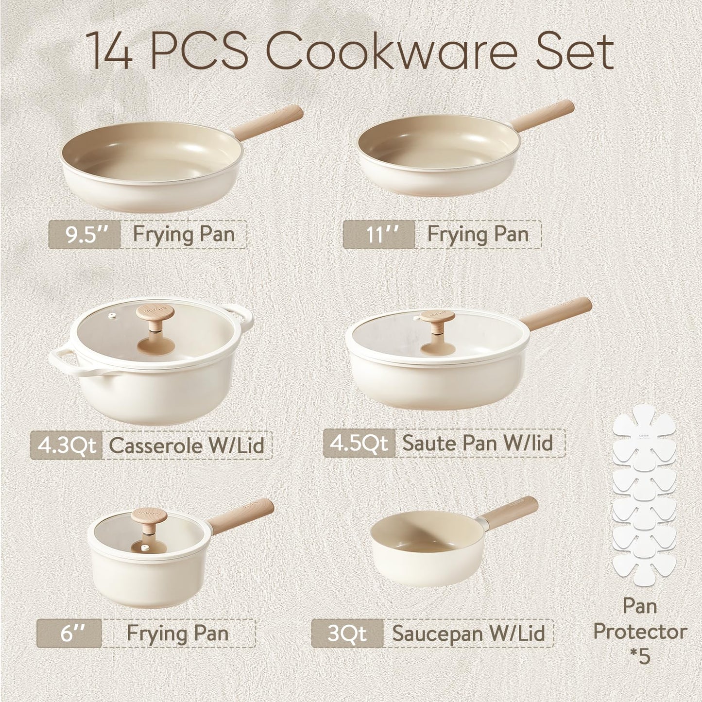 CAROTE Ceramic Pots and Pans Set, 14pcs Cookware Set, Non-toxic Healthy Non Stick Cooking Set, with Frying Pans Set