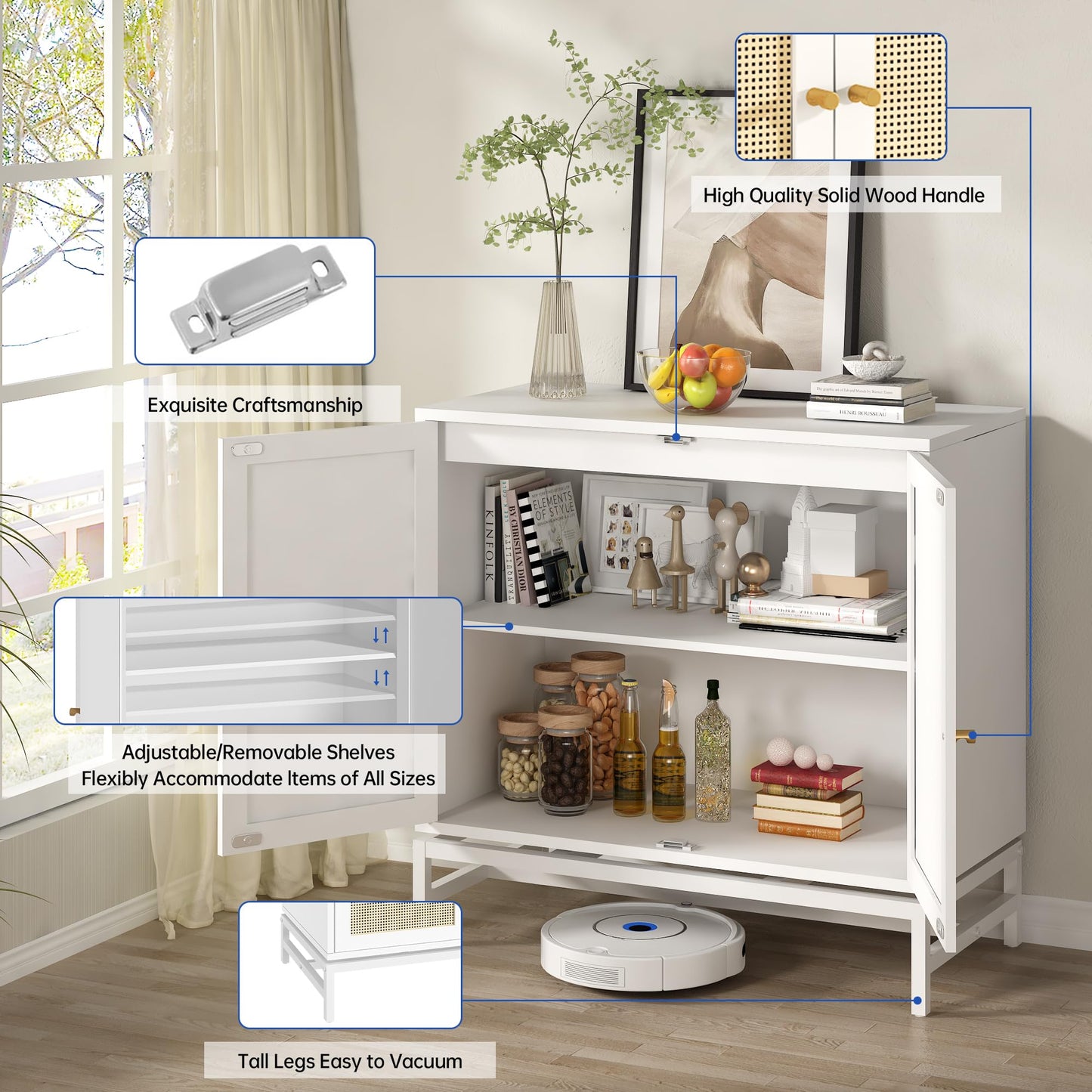 Lamerge Sideboard Buffet Cabinet, Rattan Kitchen Storage Cabinet with 2 Doors,Cupboard Console Table with Adjustable Shelves,Accent Cabinet for Dining Room, Bedroom, Hallway,White