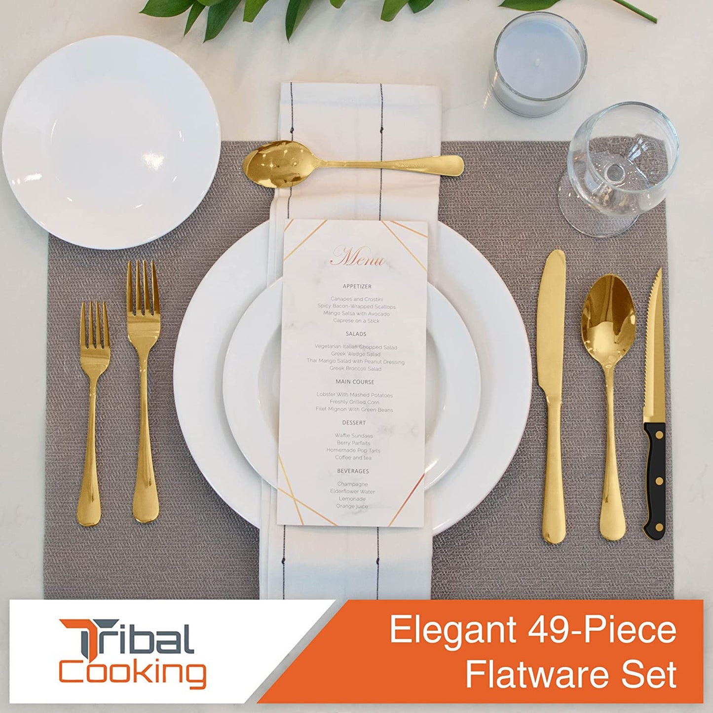 Tribal Cooking 49 Piece Gold Silverware Set - Service for 8 - Stainless Steel Gold Flatware serving set - Cutlery Set - Knives, Fork, and Spoon - Dishwasher Safe - Stunning Polished Finish