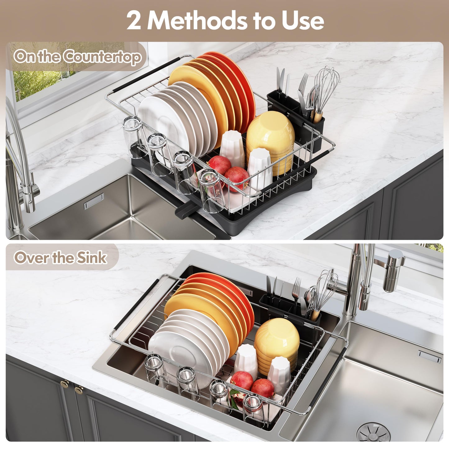 romision Sink Dish Drying Rack - Dish Drainers with Drainboard for Kitchen Counter, Use for Countertops & in-Sinks & Over-Sink, Stainless Steel Dish Dryer Racks with Utensil & Cup Holder, Silver