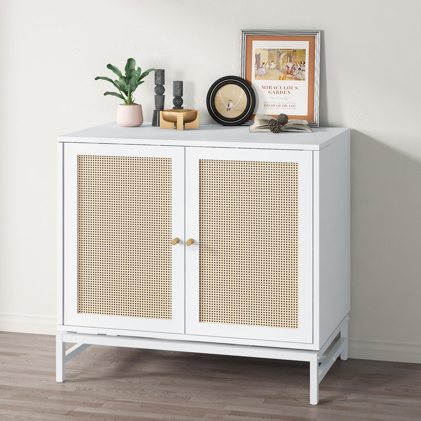 Lamerge Sideboard Buffet Cabinet, Rattan Kitchen Storage Cabinet with 2 Doors,Cupboard Console Table with Adjustable Shelves,Accent Cabinet for Dining Room, Bedroom, Hallway,White