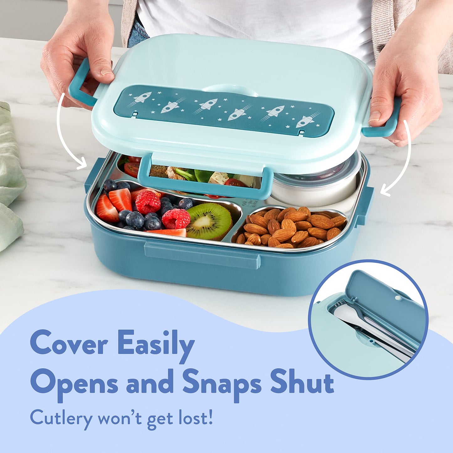 Stainless Steel Bento Box for Kids - Leakproof Lunch Box with Four Compartments and Separate Soup Cup with Silicone Lid for Kids and Adults (Blue)