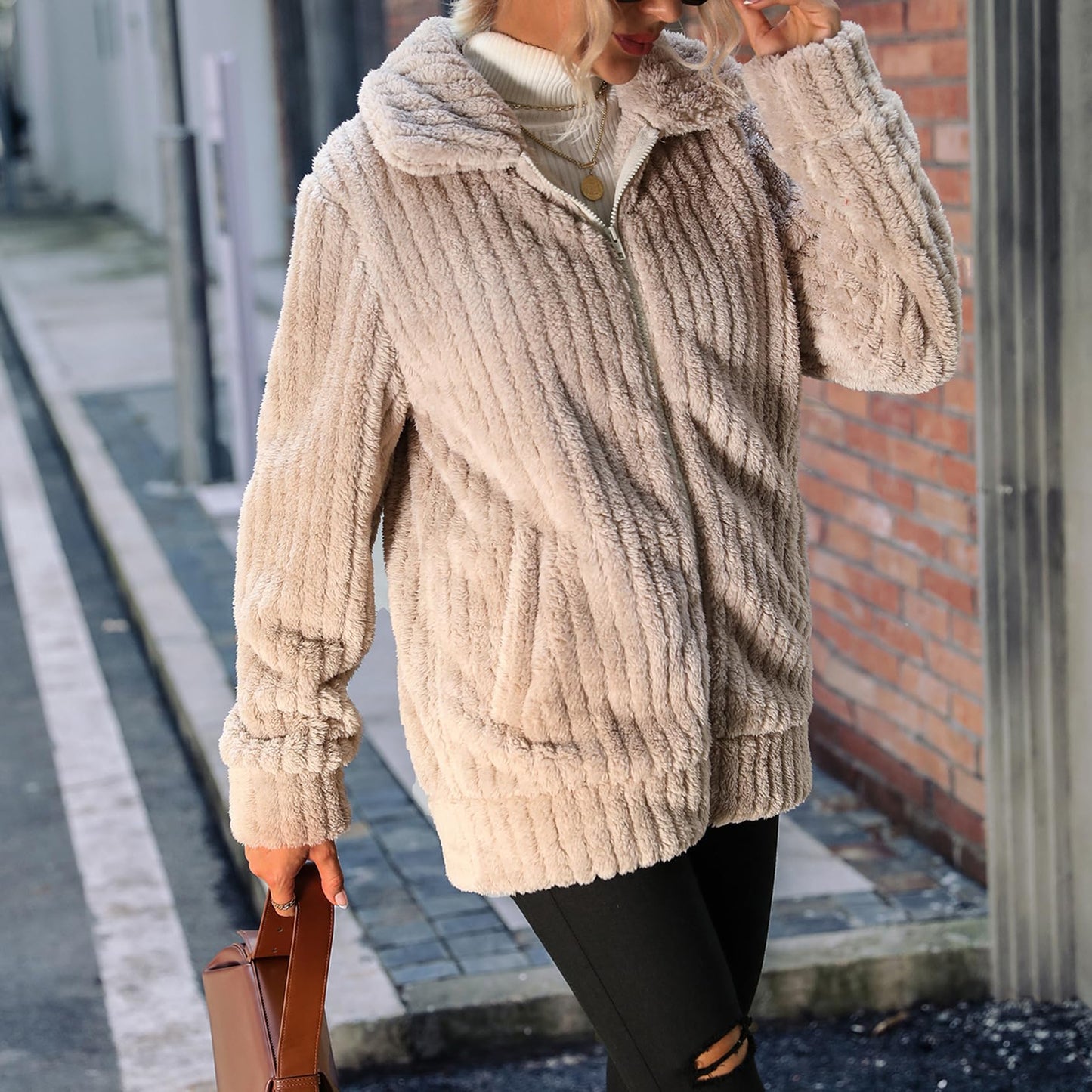 Vipwest Women's Sherpa Jacket Women Casual Fall Zipper Fleece Dress Shearling Jacket Coat Outfits with Pockets (Dark Apricot, Medium)