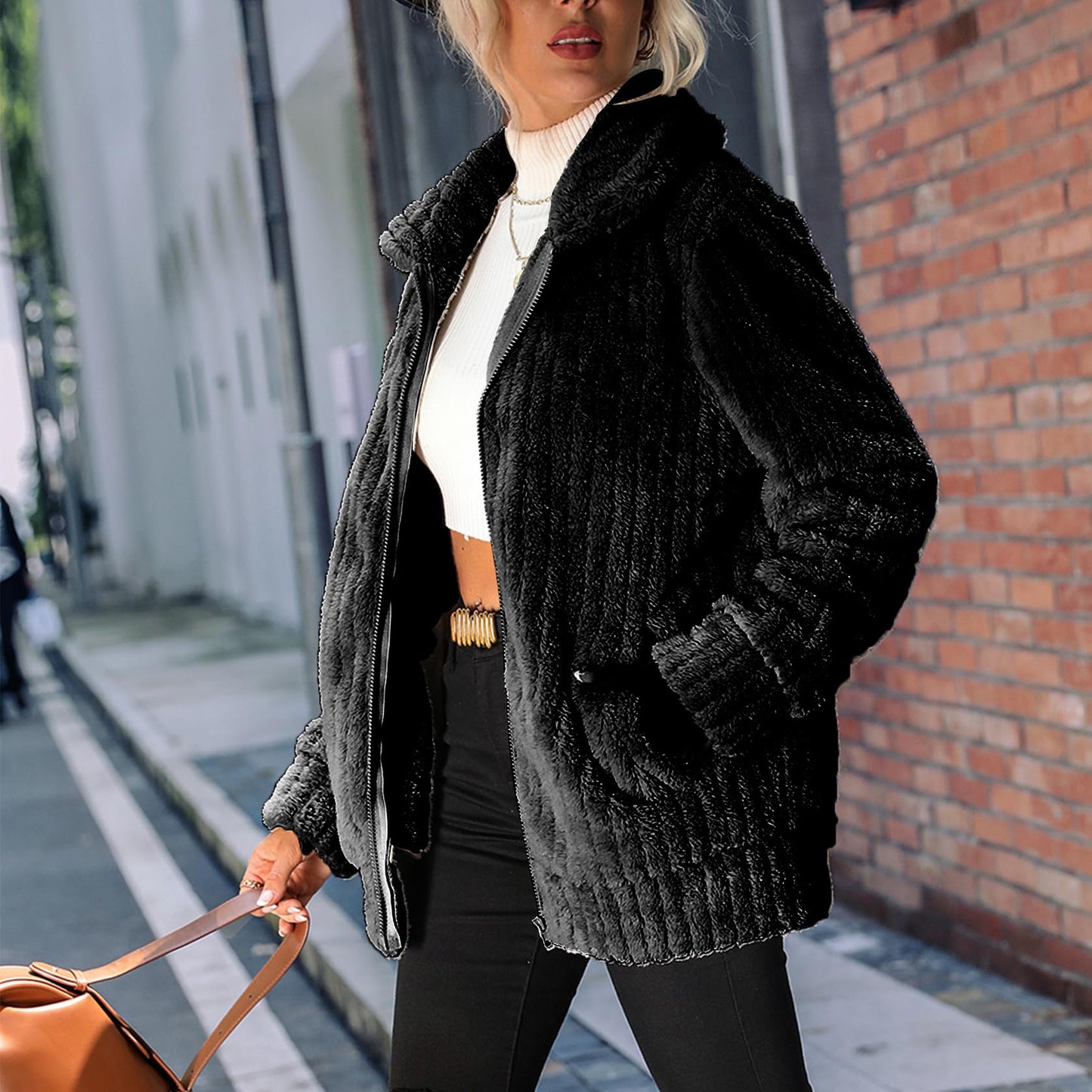 Vipwest Women's Sherpa Jacket Women Casual Fall Zipper Fleece Dress Shearling Jacket Coat Outfits with Pockets (Black, Medium)