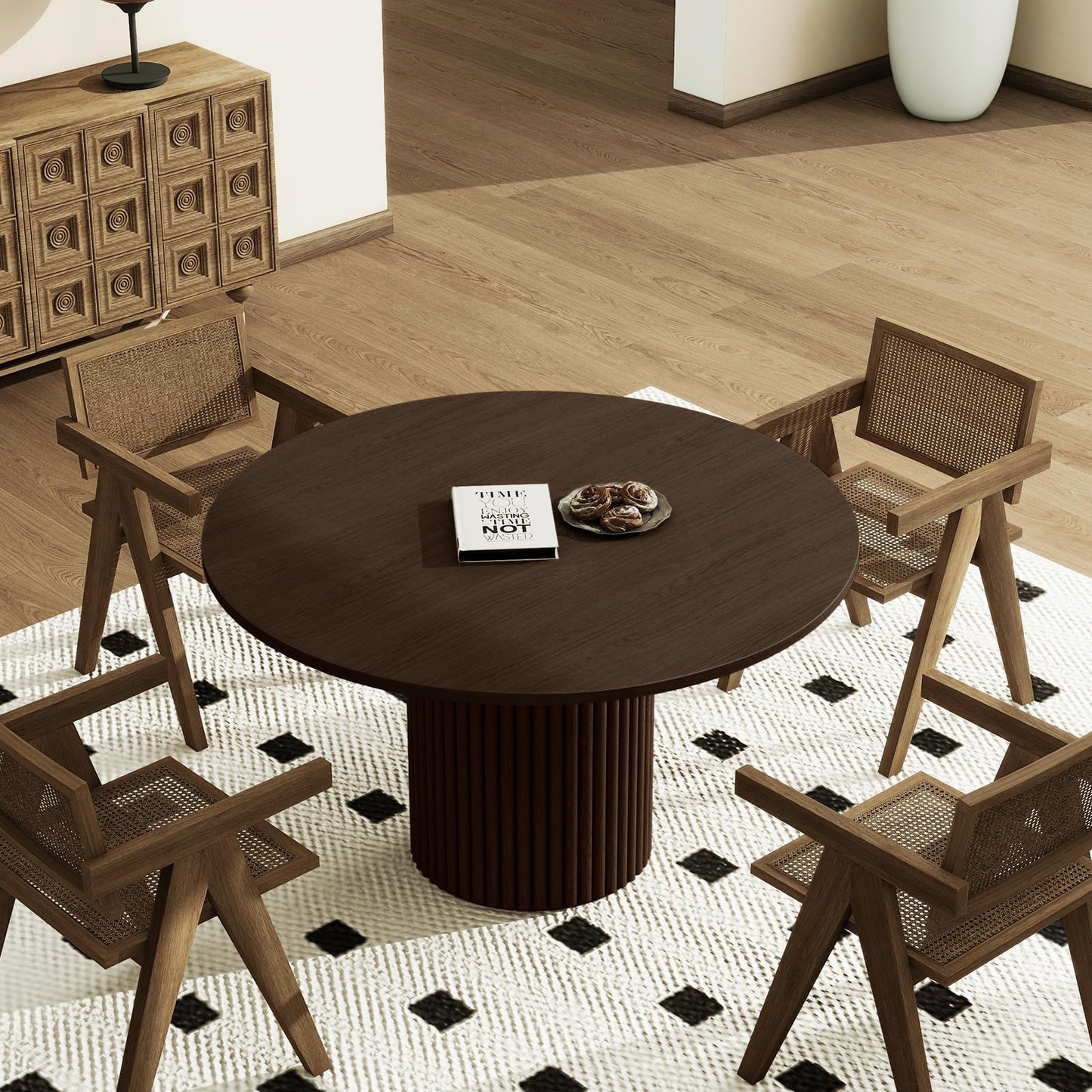 SIMTONAL Round Wood Dining Table Modern Pedestal Kitchen Table Walnut, 35''L x 35''W x 29.9''H(Only Table)