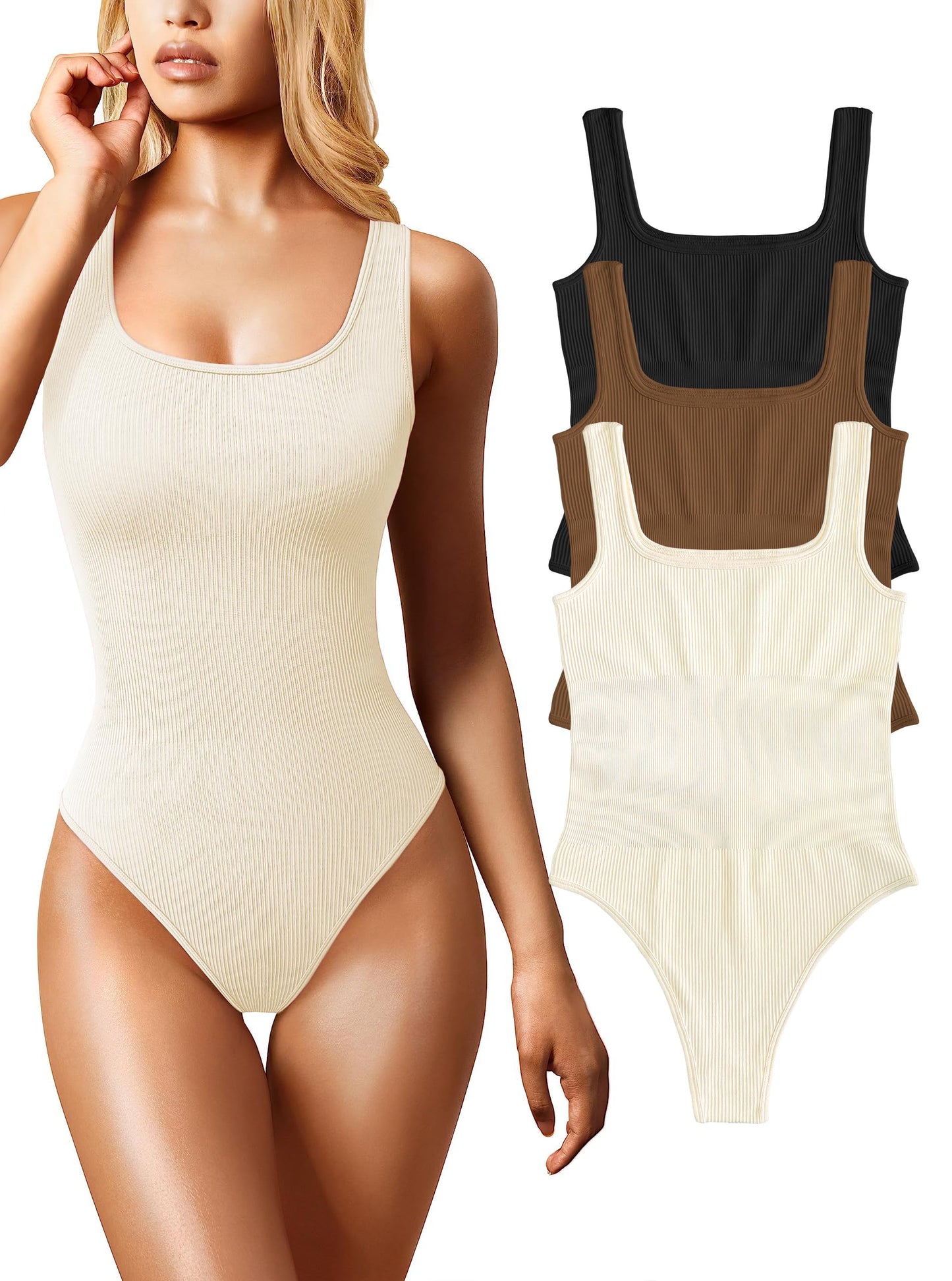 eoeoo Womens 3 Piece Bodysuits Sexy Sleeveless Square Neck Ribbed Bodysuit Tank Tops Black Coffee Beige Medium
