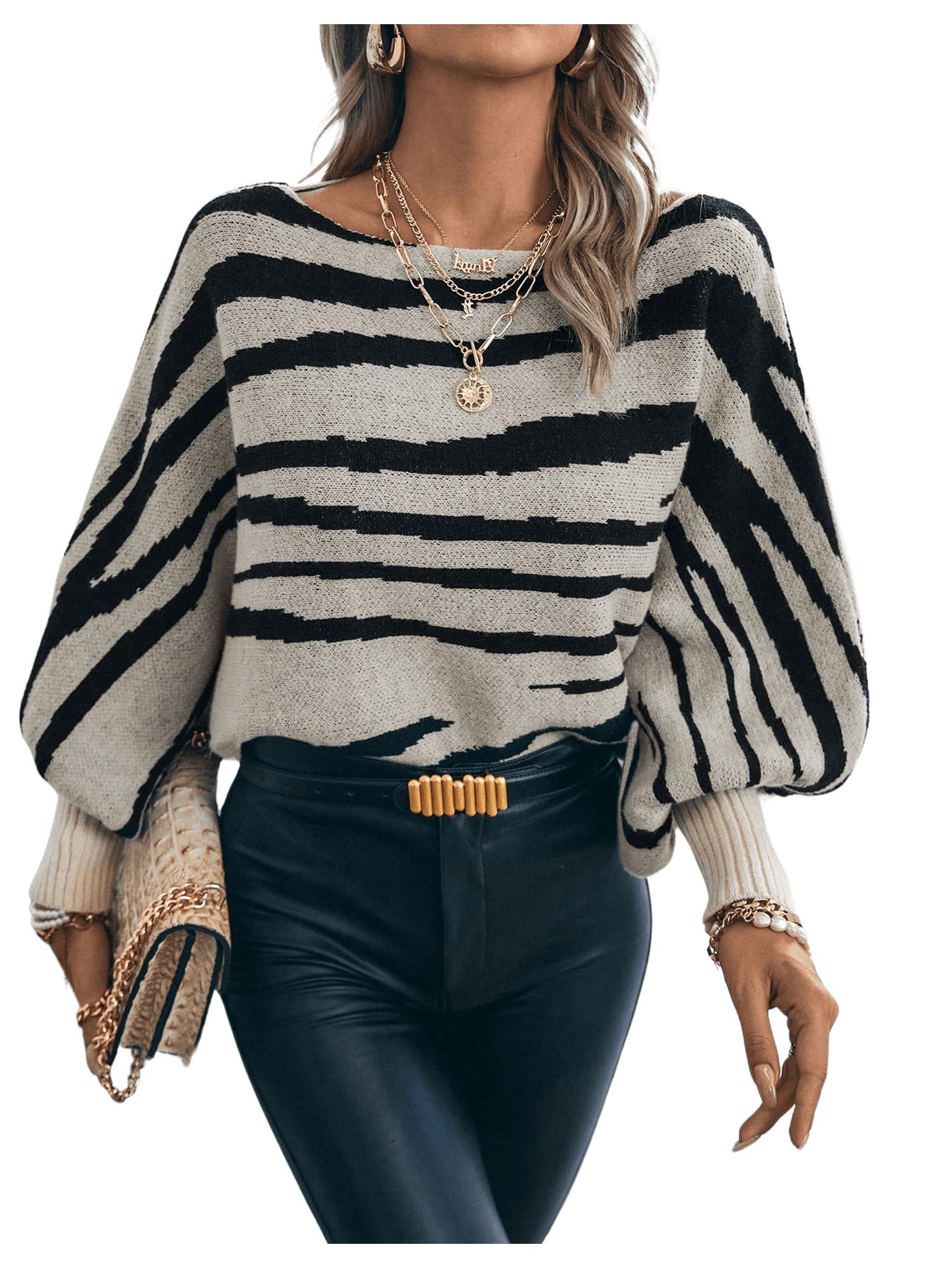 GORGLITTER Women's Zebra Stripe Fall Sweaters 2024 Oversized Long Sleeve Boat Neck Knit Pullover Tops Multicolor Medium