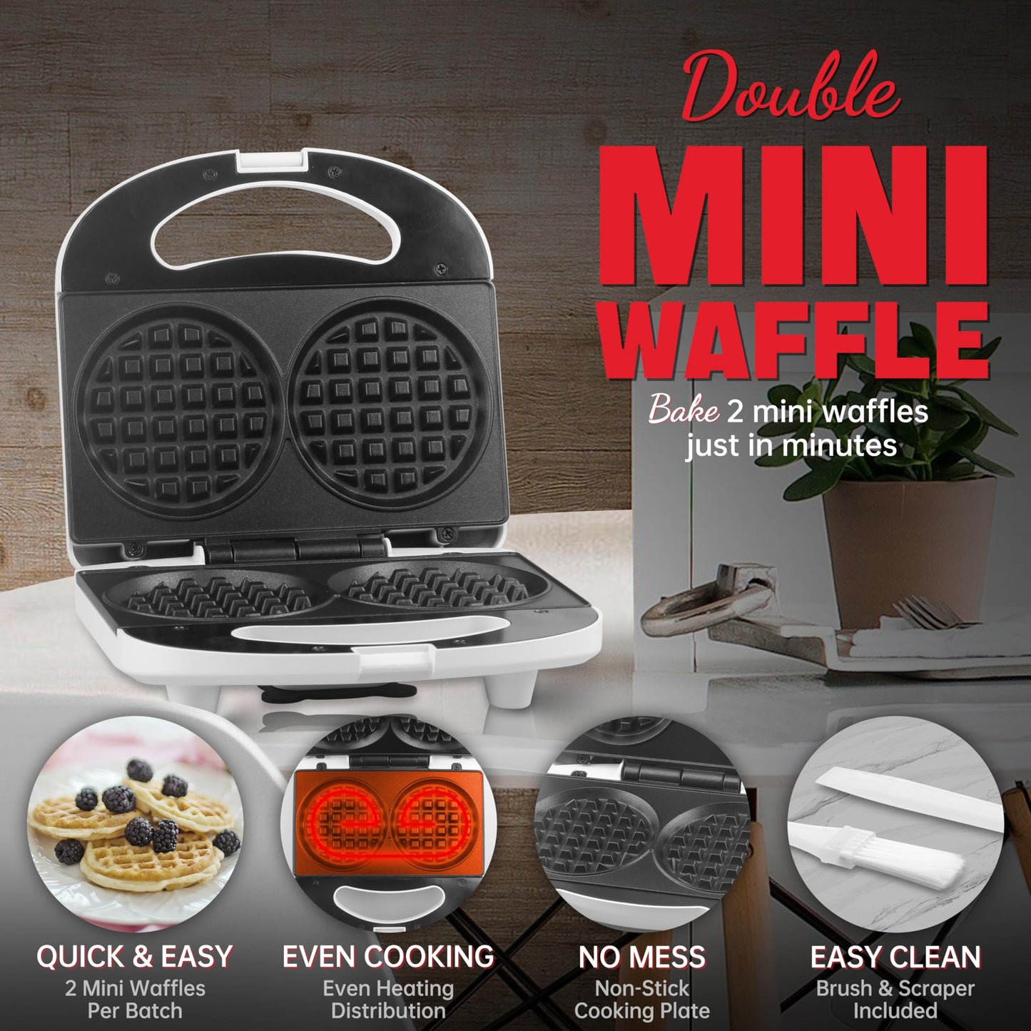 SugarWhisk Double Mini Waffle Maker Machine, Chaffle Maker, Waflera Electrica, Small Waffle Iron for Waffles, Keto Chaffles, Hash Browns, Cookies, 4 Inch