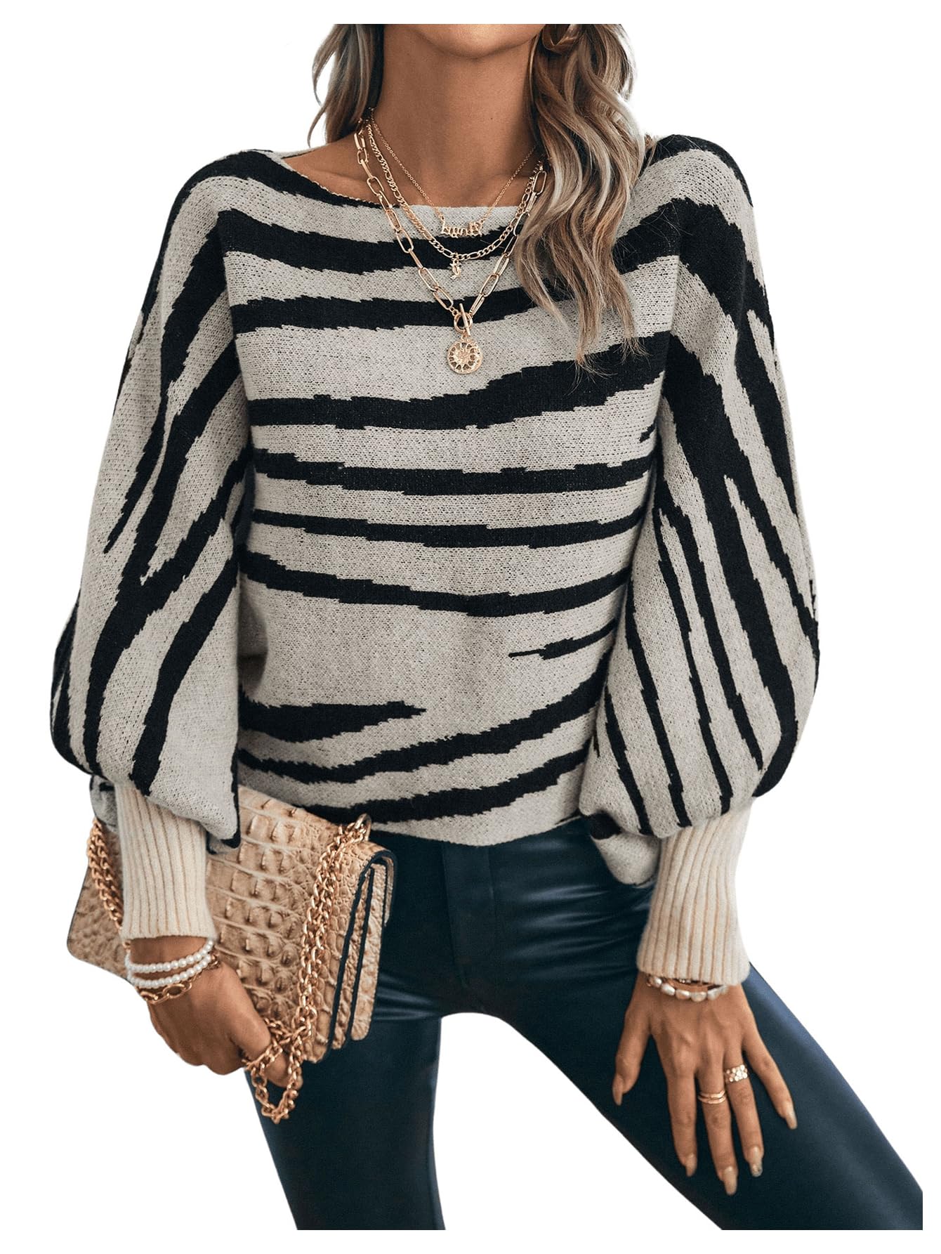 GORGLITTER Women's Zebra Stripe Fall Sweaters 2024 Oversized Long Sleeve Boat Neck Knit Pullover Tops Multicolor Medium
