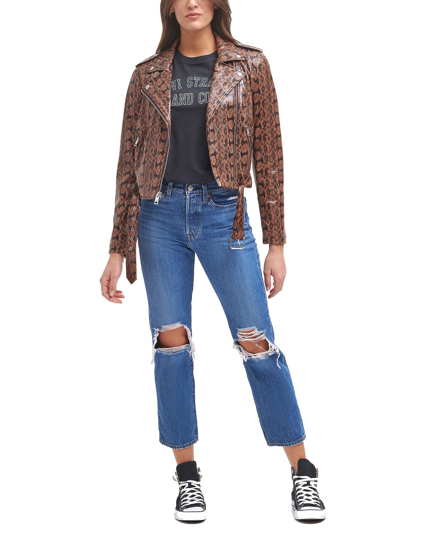 Levi's Women's Faux Leather Belted Motorcycle Jacket (Standard and Plus Sizes), Natural Snake, X-Small