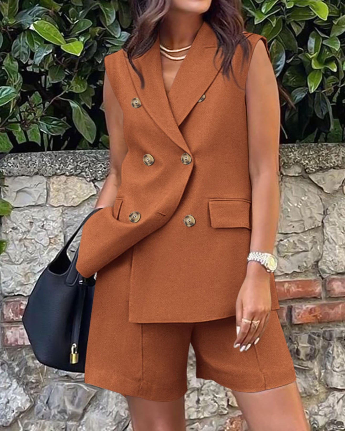 BTFBM Women's Casual Sleeveless Blazer Vest Shorts Sets Lapel V Neck Button Down Office 2 Piece Lounge Matching Sets(Solid Brick Red, Medium)
