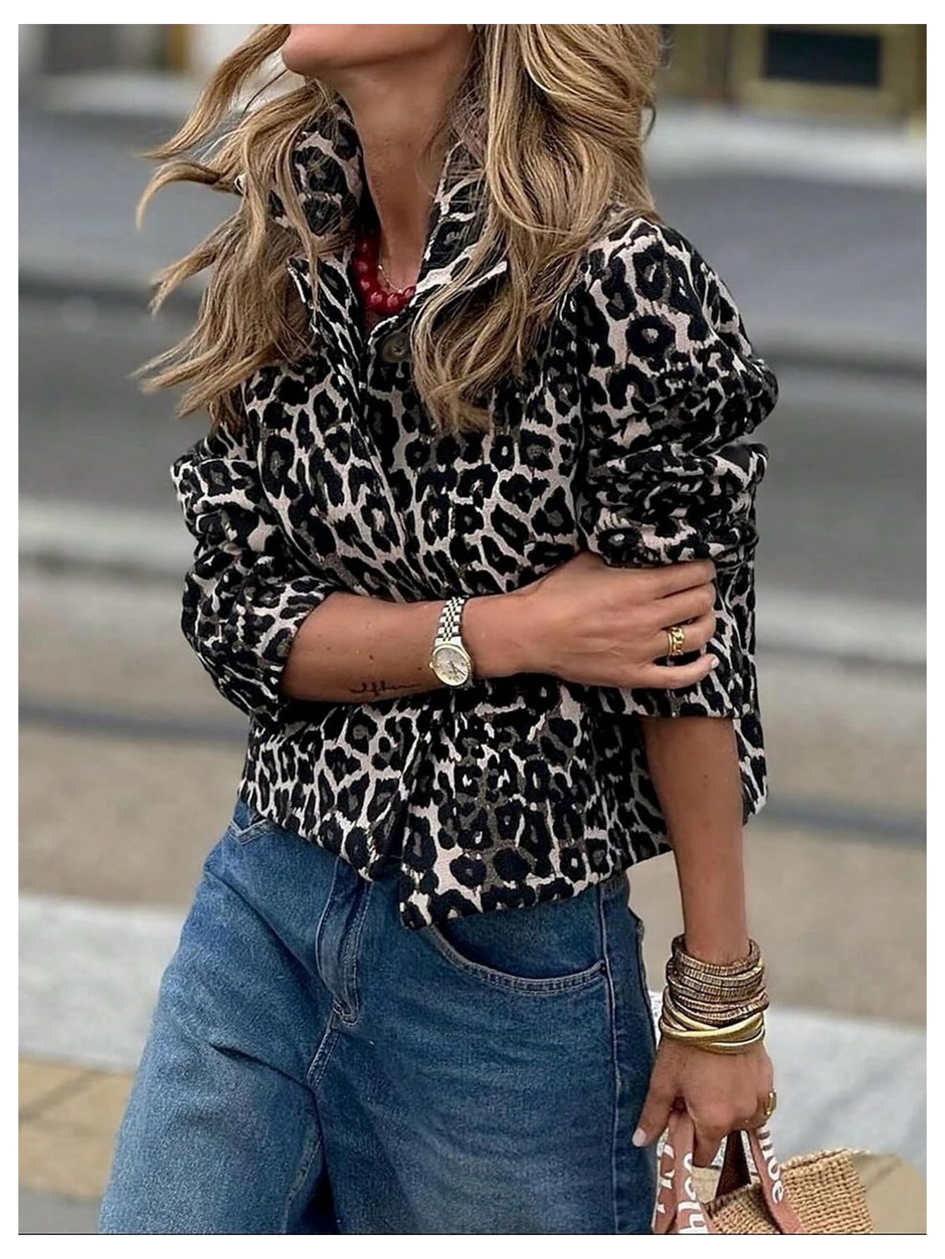 Floerns Women's Leopard Print Collared Neck Jacket Puff Long Sleeve Button Down Outwear Leopard Medium