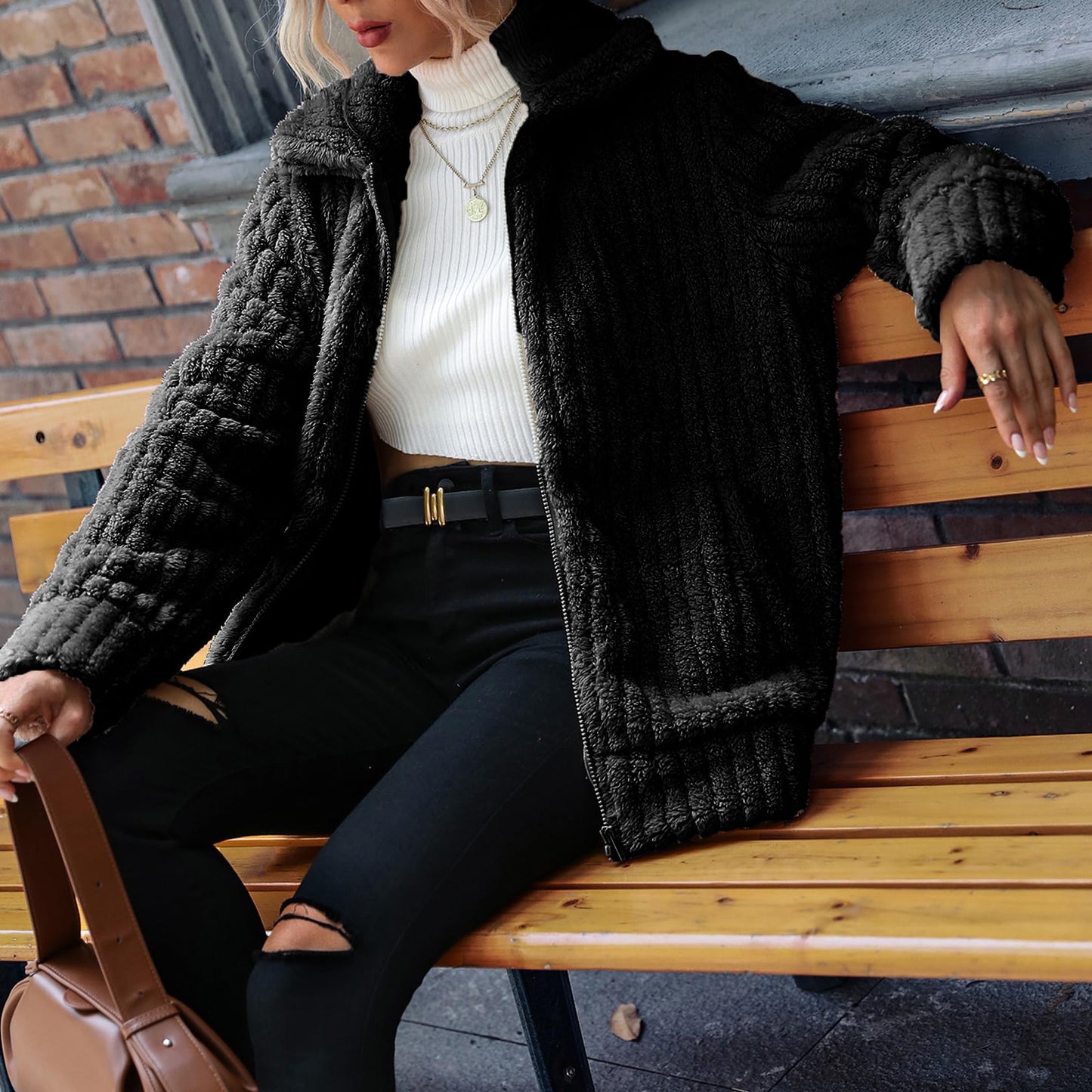 Vipwest Women's Sherpa Jacket Women Casual Fall Zipper Fleece Dress Shearling Jacket Coat Outfits with Pockets (Black, Medium)