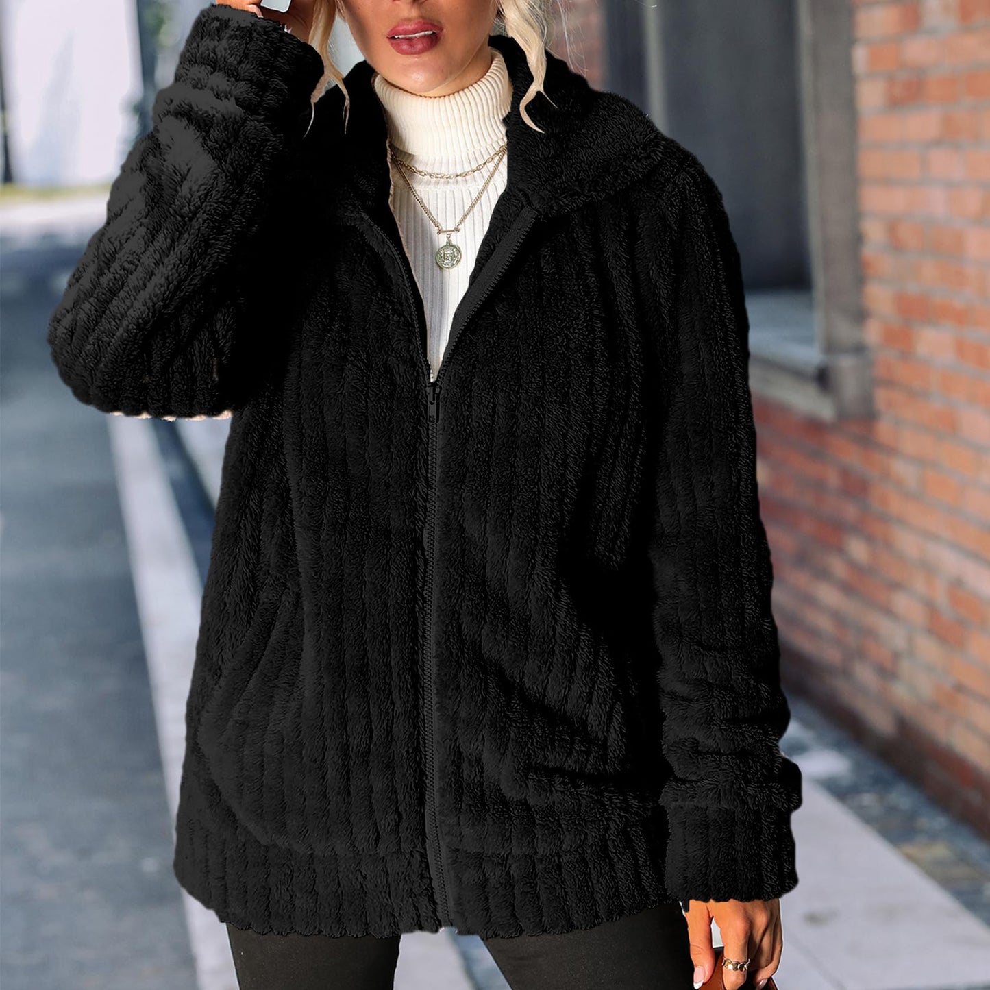 Vipwest Women's Sherpa Jacket Women Casual Fall Zipper Fleece Dress Shearling Jacket Coat Outfits with Pockets (Black, Medium)