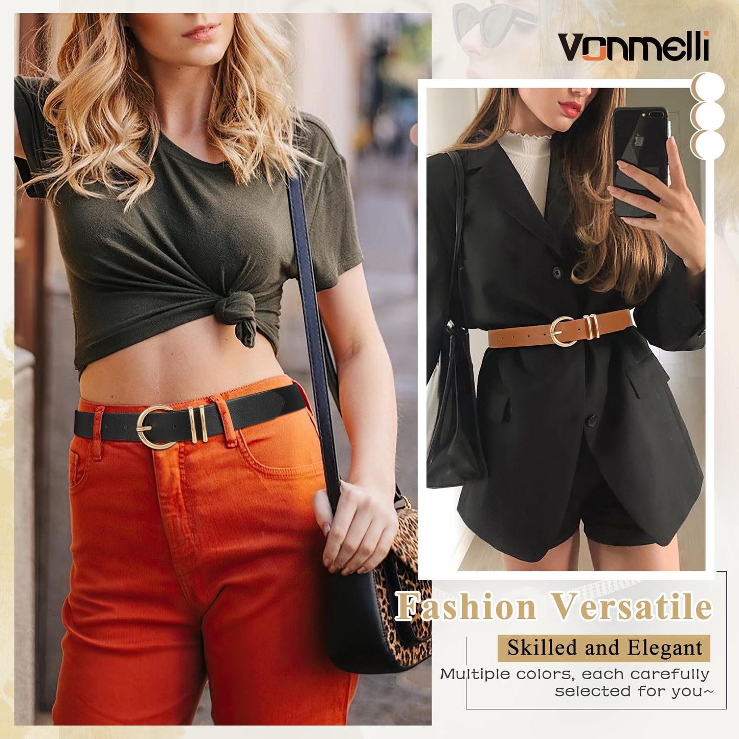VONMELLI 3 Pack Women's Leather Belts for Jeans Dresses Ladies Waist Belt with Fashion Gold Buckle Black Leopard Brown M