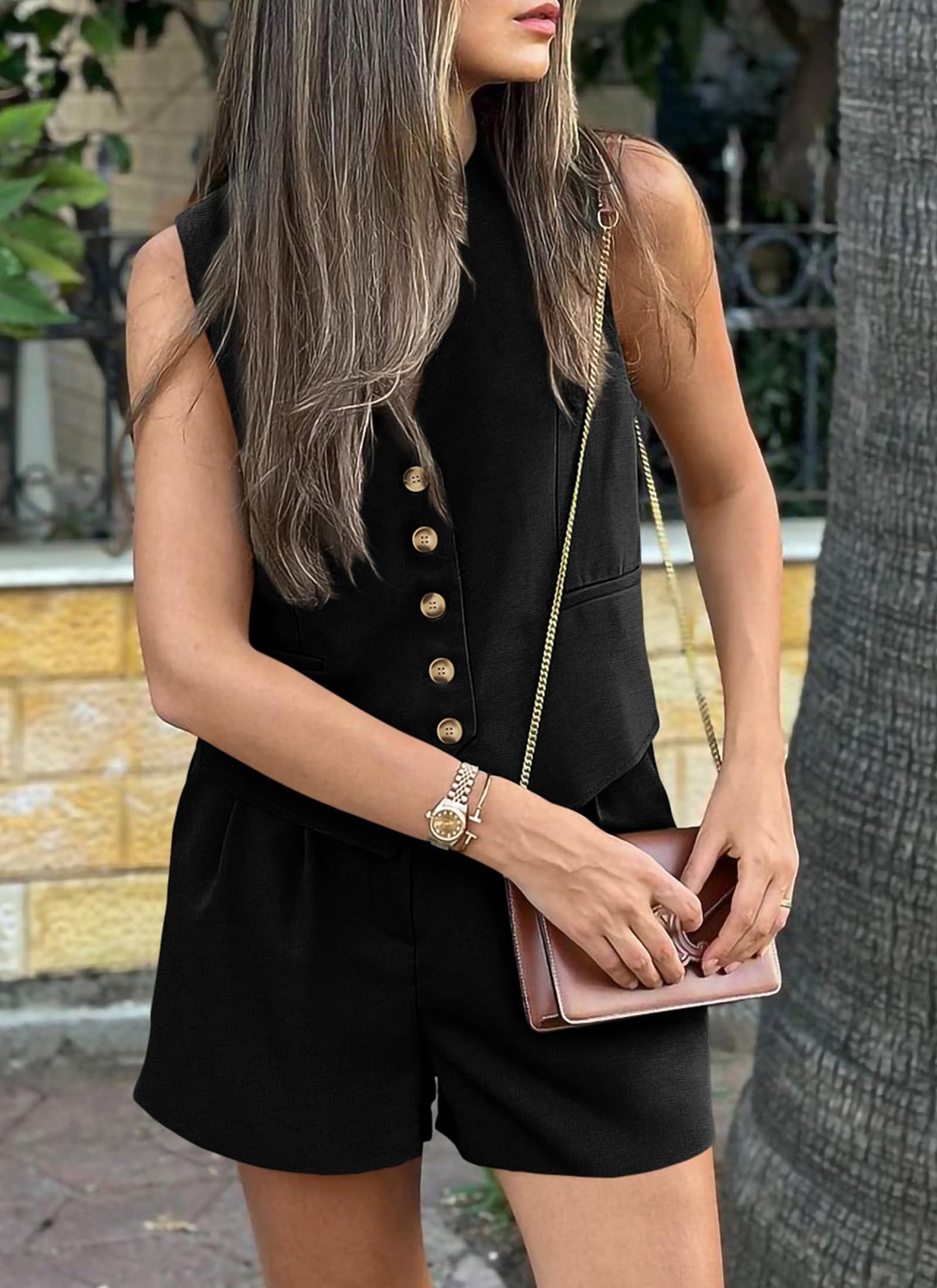 PRETTYGARDEN Women's 2 Piece Summer Matching Sets Button Front V Neck Vest Waistcoat Sleeveless Tops and Shorts with Pockets (Black,Medium)