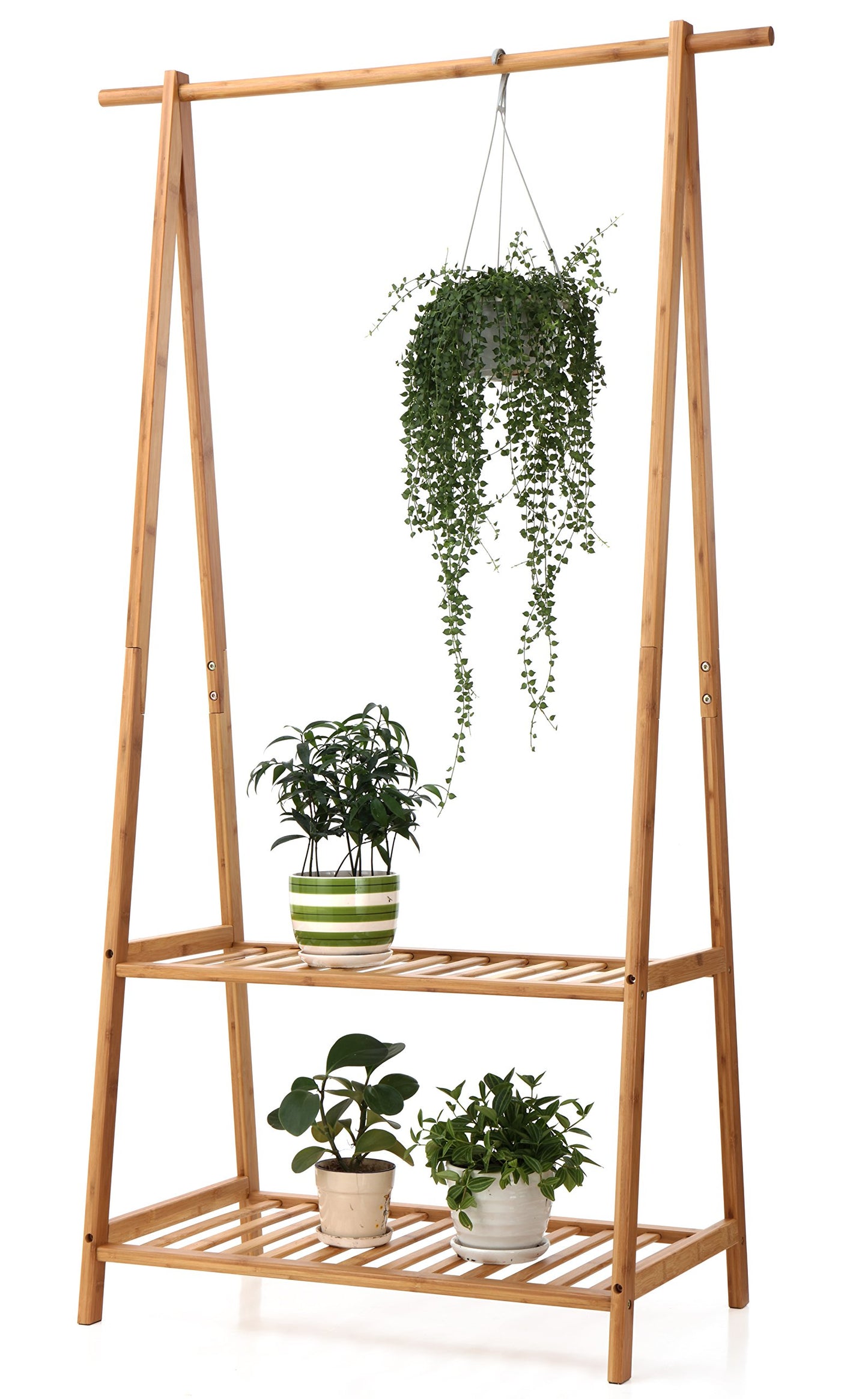 Finnhomy Bamboo Clothes Rack Portable Extra Large Garment Rack 2-Tire Storage Box Shelves For Entryway and Bed Room Patented Design