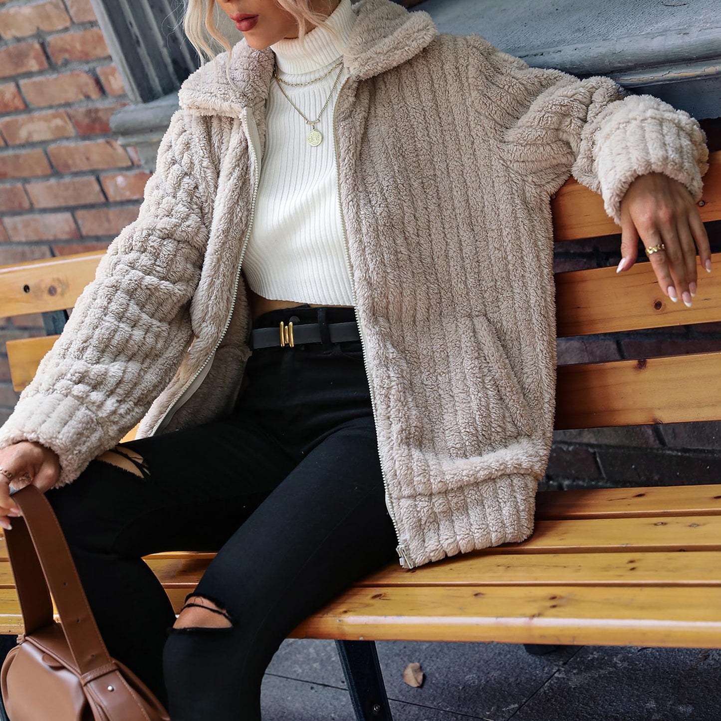 Vipwest Women's Sherpa Jacket Women Casual Fall Zipper Fleece Dress Shearling Jacket Coat Outfits with Pockets (Dark Apricot, Medium)