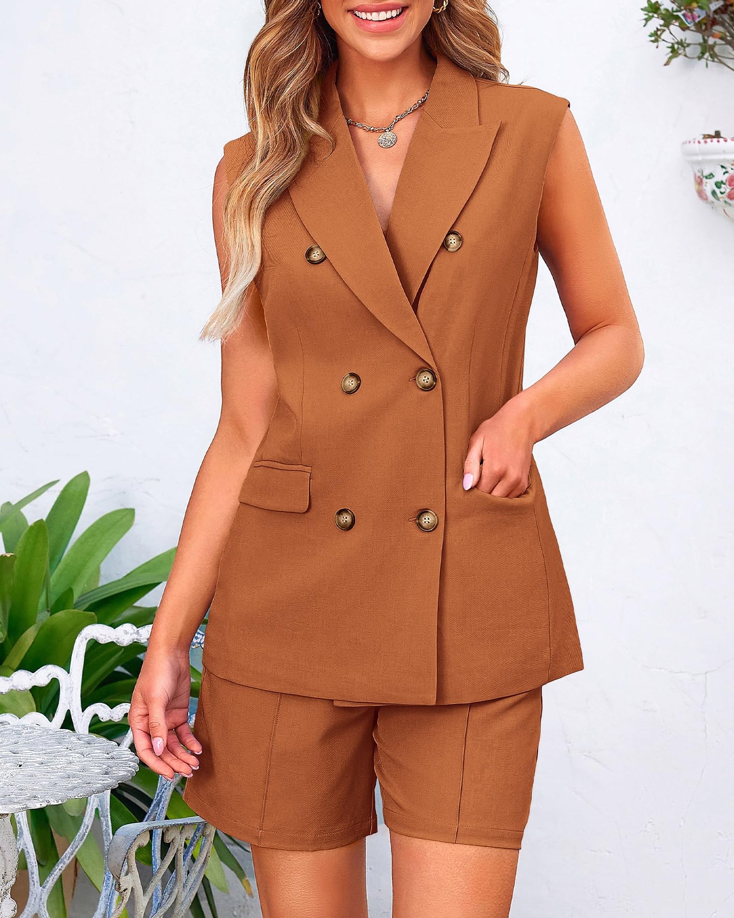 BTFBM Women's Casual Sleeveless Blazer Vest Shorts Sets Lapel V Neck Button Down Office 2 Piece Lounge Matching Sets(Solid Brick Red, Medium)