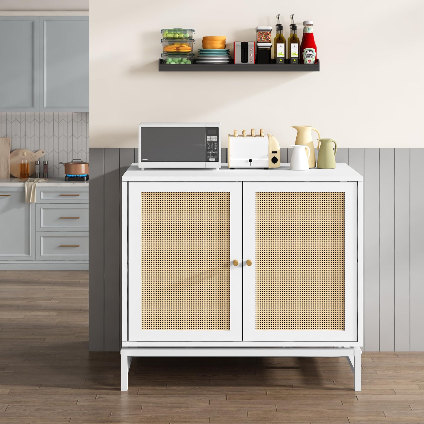 Lamerge Sideboard Buffet Cabinet, Rattan Kitchen Storage Cabinet with 2 Doors,Cupboard Console Table with Adjustable Shelves,Accent Cabinet for Dining Room, Bedroom, Hallway,White