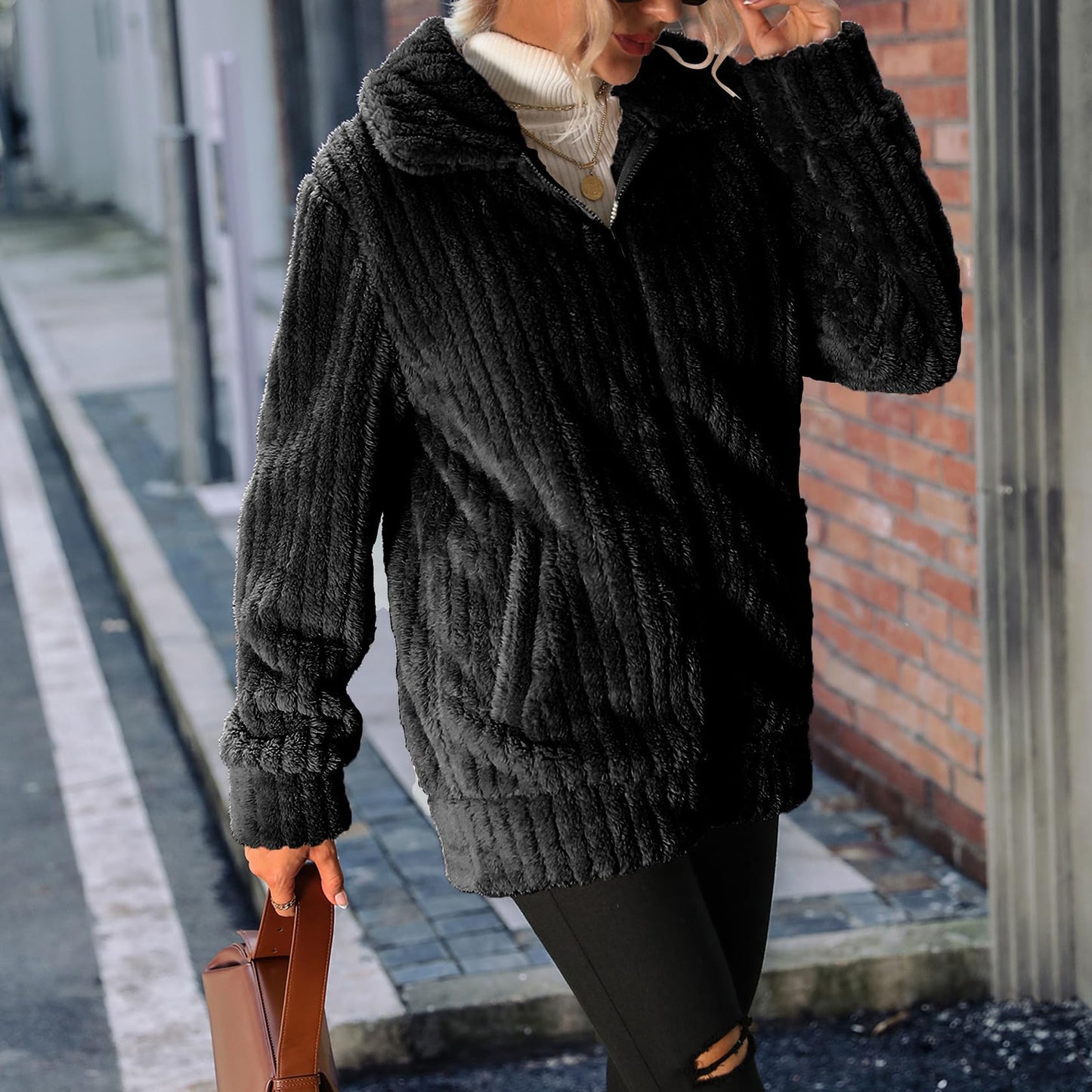 Vipwest Women's Sherpa Jacket Women Casual Fall Zipper Fleece Dress Shearling Jacket Coat Outfits with Pockets (Black, Medium)