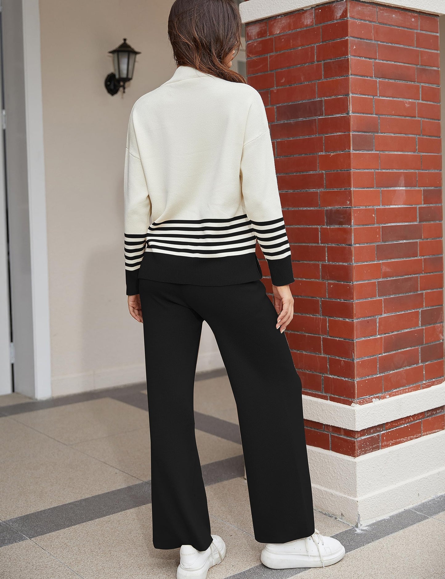 Tanming Women's Lounge Sets 2 Piece Outfits Knitted Pullover Sweater Tops Wide Leg Pants Tracksuit (Black-M)