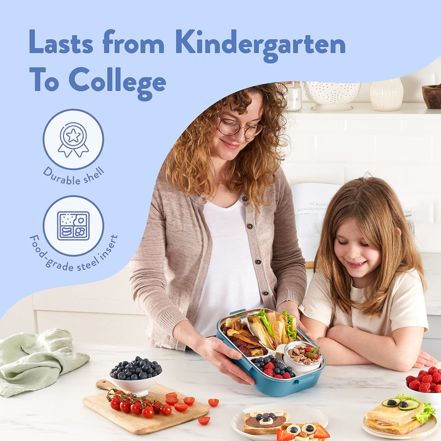 Stainless Steel Bento Box for Kids - Leakproof Lunch Box with Four Compartments and Separate Soup Cup with Silicone Lid for Kids and Adults (Blue)