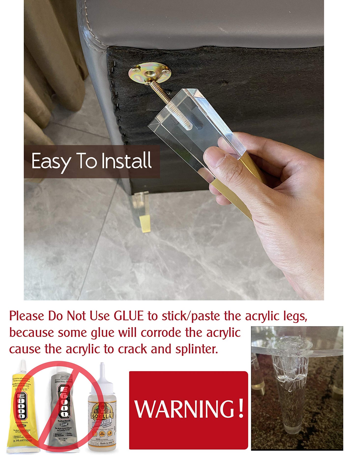 JEREVER Acrylic Furniture Legs Replacement Sofa Feet Cabinet Modern Clear Decor DIY Legs Square Style Set of 4 (4.7 inch Square)