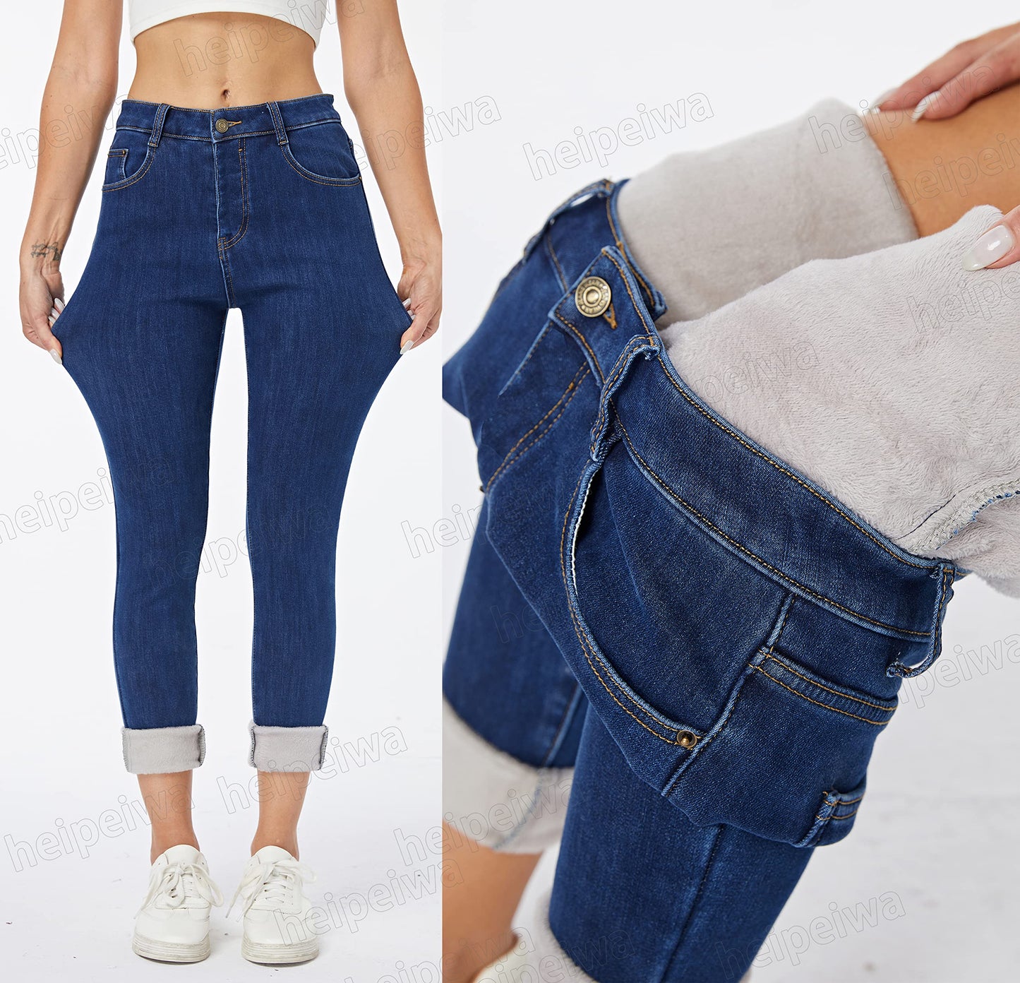 heipeiwa Womens Winter Jeans Fleece Lined Jeans Thermal Thick Skinny Denim Pants Slim Stretch Warm Jeggings Blue